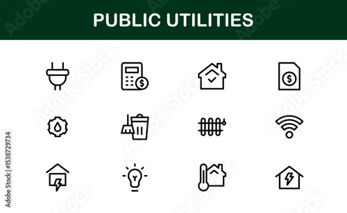 Public Utilities Icon Pack. Clean, Editable Line Icons for Energy, Water Supply, Waste Management, and Urban Infrastructure