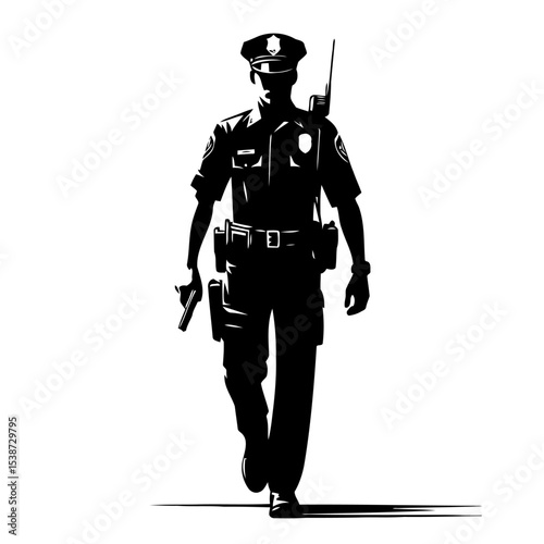 Powerful Silhouette Of Police Officer On Patrol Symbolizing Law Enforcement And Public Safety