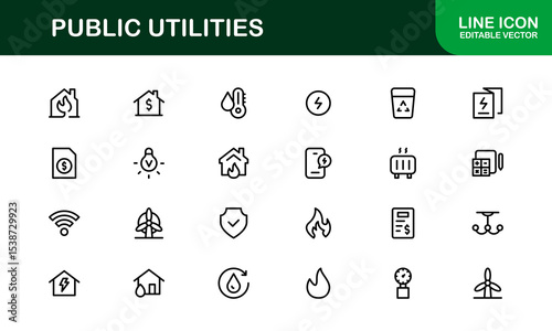 Public Utilities Icon Pack. Clean, Editable Line Icons for Energy, Water Supply, Waste Management, and Urban Infrastructure