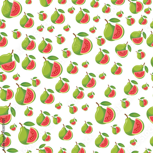 Colorful Guava Pattern with Whole and Sliced Fruits in Vibrant Green and Pink for Tropical Design Background.