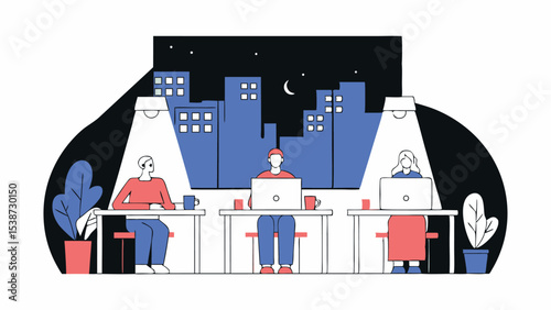 Night Shift Team Working in Modern Office