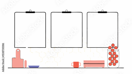 Modern Kitchen Mockup with Blank Frames and Kitchen Utensils