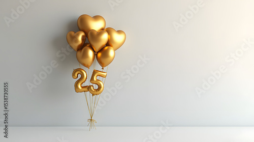 Golden heart-shaped balloons and a shiny number 25 balloon float elegantly against a white backdrop, perfect for a celebration or anniversary