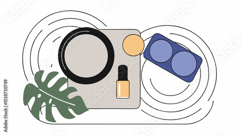 Flat lay of makeup products with monstera leaf