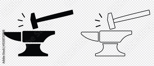 Hammer and anvil icon. Blacksmith's tool, forge attribute. Symbol of forging weapons or armor. Raster icon. Pictogram of work or hard labor. vector illustration. 