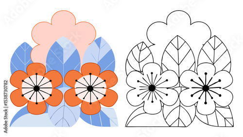 Coloring Page Simple Flowers and Leaves