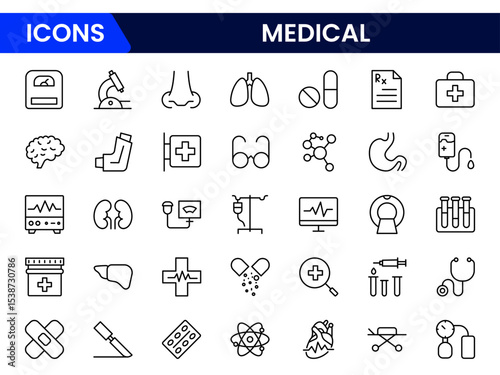 Precise vector web line icons depicting medical care, healthcare tools, diagnostics, treatment, and wellness for patient health and support.