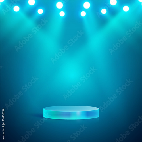 Blue illuminated stage background with glowing spotlights and empty round podium. Perfect for product display, award ceremony, presentation, advertisement, showcase, or futuristic design.