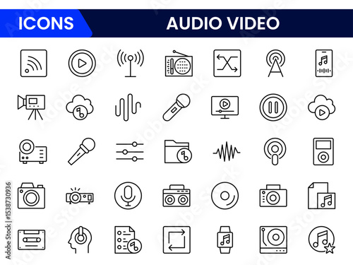 Vibrant vector web line icons depicting audio-video, speakers, cameras, streaming, microphones, and multimedia tools for dynamic content creation.
