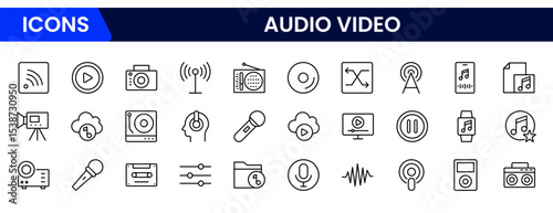 Vibrant vector web line icons depicting audio-video, speakers, cameras, streaming, microphones, and multimedia tools for dynamic content creation.