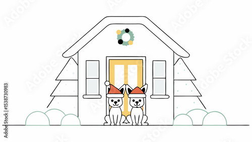 Two Dogs in Santa Hats Sitting in Front of House at Christmas