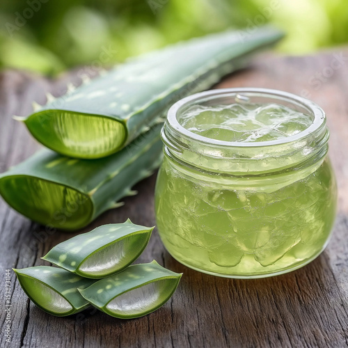 Close-up of aloe vera gel in glass jar with sliced aloe leaf beside it.