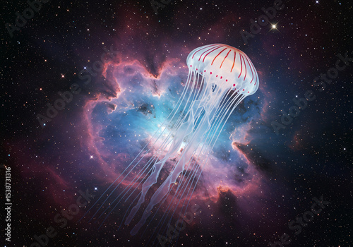 Surreal glowing jellyfish floating in outer space, cosmic nebula background, luminous tentacles, bioluminescent