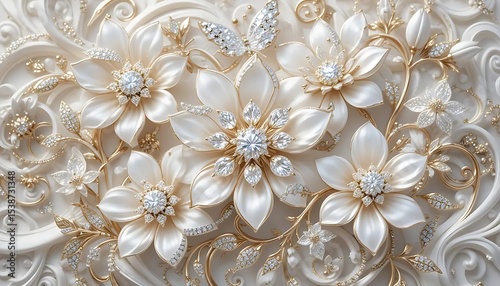 Elegant white flowers with gold accents and crystal embellishments in luxurious 3D style. Perfect for wedding decor, luxury branding, or background designs.