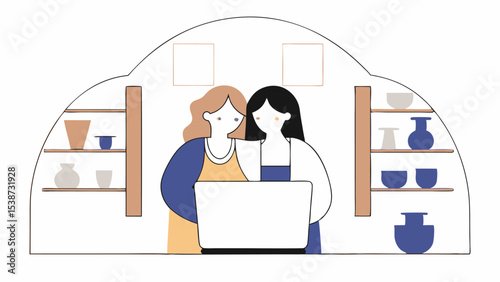 Two Women Working Together in Pottery Shop