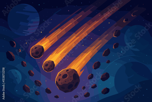 Meteor shower concept with burning asteroids flying through the cosmos. Vector illustration of a space background with planets and stars. Galaxy, apocalypse, extinction, Armageddon.