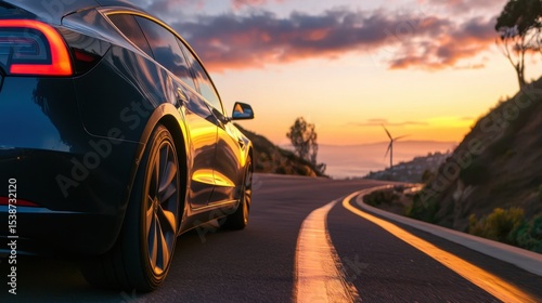 Sleek black electric car driving on a winding road at sunset with scenic hills and wind turbines in the background.