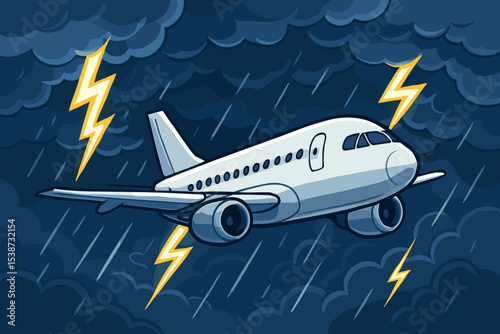 Flight in a thunderstorm concept. Vector illustration of an airplane in turbulence with lightning and rain. Bad weather travel, air transport risk, danger, and aerophobia metaphor.