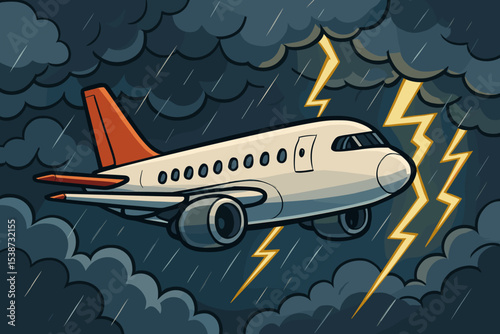 Airplane flying in thunderstorm with lightning and rain. Vector illustration of a passenger jet in bad weather. Concept of flight turbulence, danger, air travel risk, or aerophobia.
