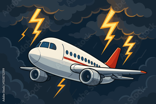 Airplane flying in a thunderstorm with lightning concept vector. Cartoon illustration of a commercial jet in turbulence and bad weather. Aerophobia, flight fear, risk, danger.