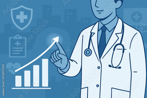 Healthcare business growth concept. Doctor pointing at a rising graph. Medical industry success, financial analytics, and market progress. Clinic profit and health insurance chart.