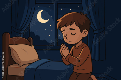 Little boy praying at night by his bed. Child's evening prayer concept illustration. Christian faith, hope, belief, and spirituality. Kid showing reverence and gratitude to God.