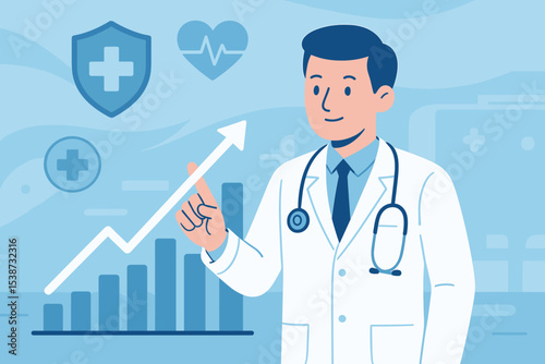 Medical industry success and financial growth concept. Doctor character analyzing a rising profit chart. Healthcare economy, health insurance, and hospital investment strategy.