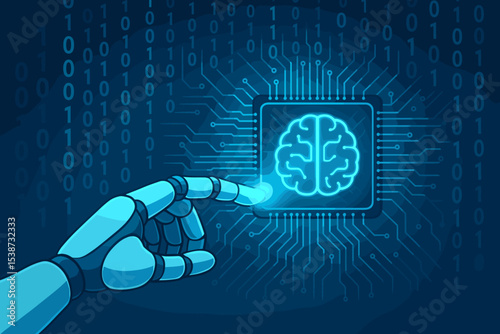 Robot hand activating a computer chip with a brain symbol. Artificial Intelligence, machine learning, and neural network concept. Futuristic technology with binary code and circuit board.