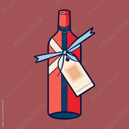 Wine Bottle in Gift Wrapping with Tag – Fine Line Vector Illustration