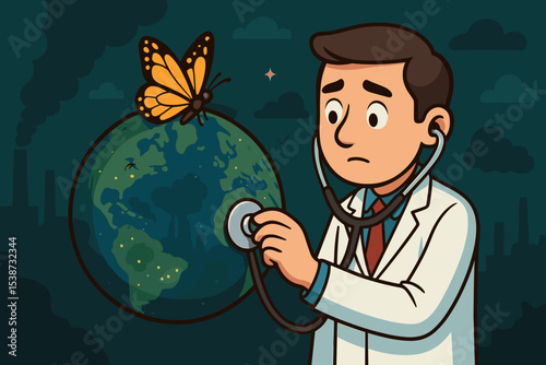 Doctor checking sick Earth. Planet health check metaphor. Environmental crisis. Global warming. Climate change. Pollution concept. Sad physician with stethoscope. Butterfly. Ecology.