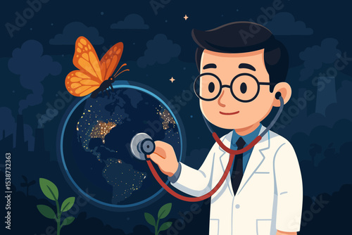 Earth health checkup. Doctor listening to the planet with a stethoscope. Environmental concept. Ecology, climate change, global warming, pollution. Save the Earth. Sustainability.