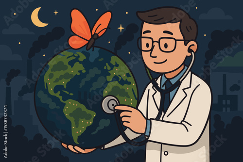 Concept of Earth health check. Doctor with stethoscope listens to the planet amid industrial pollution. Metaphor for environmental care, ecology, climate change, and conservation.
