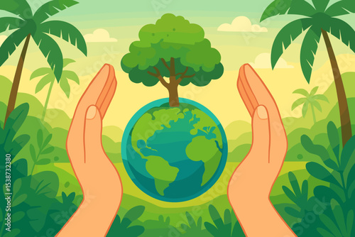 Hands protecting planet Earth with a growing tree. Eco friendly world concept. Metaphor for sustainability, conservation, and ecology. Save the planet for World Environment Day.