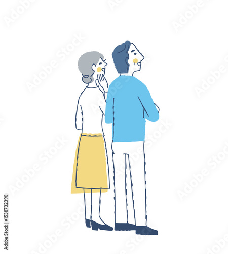 上の方を見て喜んでいる後ろ姿のシニアカップル