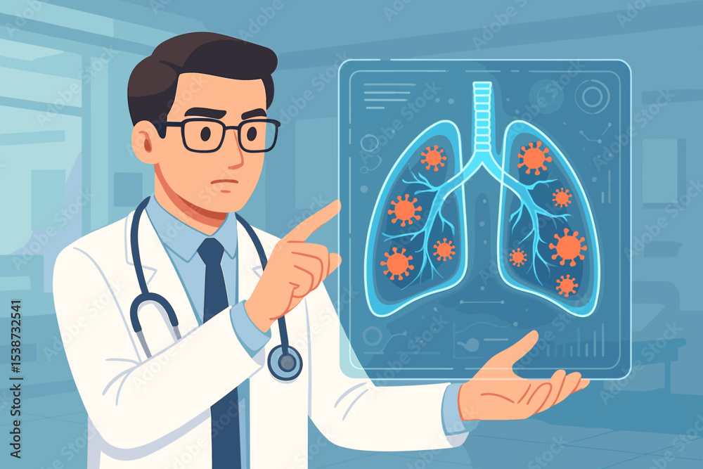 Doctor analyzing futuristic hologram of lungs with viral infection. Pulmonologist diagnosing respiratory disease, pneumonia, or coronavirus. Medical technology and healthcare concept. Doctor analyzing futuristic hologram of lungs with viral infection. Pulmonologist diagnosing respiratory disease, pneumonia, or coronavirus. Medical technology and healthcare concept.