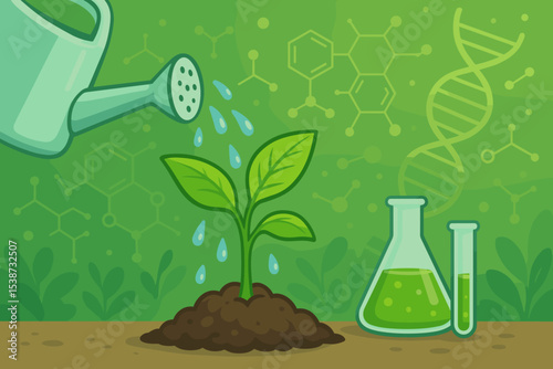 Science of plant growth vector illustration. Watering can nurtures a seedling with a lab flask, test tube, DNA and chemical formula background. Biotechnology, agriculture, research.