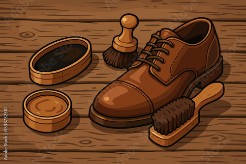 Vintage shoe care set with classic brown leather oxford, polish wax, and horsehair brushes on a wooden table. Concept of gentleman's grooming and shoe maintenance.