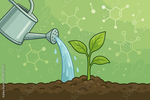 Watering a young plant sprout in soil. Concept of growth, new life, and agriculture. Nurturing a seedling with a watering can. Science, biotechnology, and chemistry in farming concept with molecules.