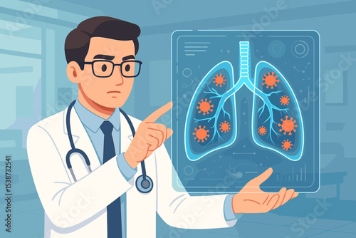 Doctor analyzing futuristic hologram of lungs with viral infection. Pulmonologist diagnosing respiratory disease, pneumonia, or coronavirus. Medical technology and healthcare concept.