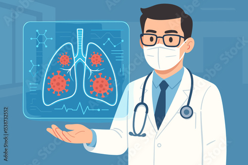 Doctor analyzing lungs infected with virus on a futuristic screen. Medical concept of coronavirus, pandemic research, diagnosis, healthcare technology, pulmonology, pneumonia exam.