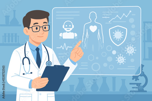 Male doctor presents on a futuristic holographic screen in a lab. Concept for medical technology, AI in healthcare, robotics, virology research, immunity, and human body analysis.