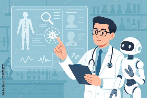 Doctor and AI robot assistant working in a medical lab. Scientist analyzing virus on a futuristic holographic interface. Healthcare technology, digital health, and research innovation.