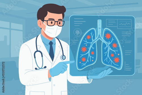 Doctor analyzing human lungs infected with virus on futuristic holographic interface. Pulmonology concept for medical diagnosis of respiratory disease, pneumonia, or coronavirus.