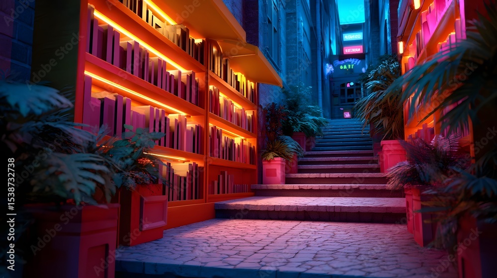 Fototapeta premium Vibrant and surreal urban alleyway with glowing neon lights and lush foliage