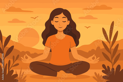 Woman meditating in lotus position at sunset. Yoga practice in nature for mindfulness, relaxation, and spiritual wellness. Concept of mental health, harmony, balance, and serenity.