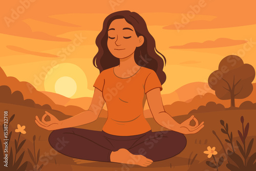 Woman practicing yoga meditation in nature. Lotus pose for relaxation, mindfulness, and serenity at sunset. Concept of spiritual balance, mental health, and healthy lifestyle.