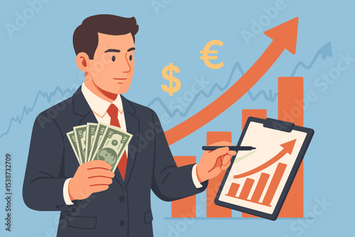 Investment success and profit concept. Businessman holding dollar bills and analyzing a rising stock market graph. Financial report, economic growth, and business strategy vector.