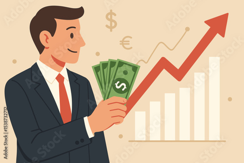 Happy businessman holding dollar bills with a financial growth bar chart. Successful investor concept, stock market profit, investment income, wealth management, economic boom.