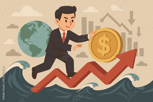 Global economic management concept. Businessman running on a stock market arrow over volatile sea, navigating a financial crisis. Investor holding a dollar coin for recovery and growth.