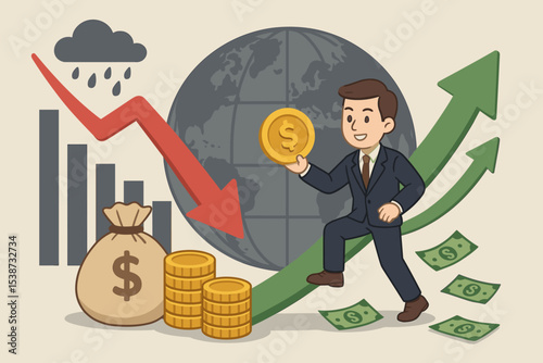 Global economic management concept. Businessman navigating financial crisis and recession. Investor with money climbing success arrow. Contrast of market growth and downturn graph.